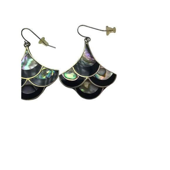 Handmade Alpaca Silver Abalone & Black Onyx Inlay Earrings - Picture 6 of 13